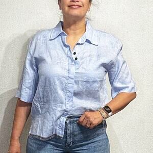 Gold Hawk Blue Linen Button Up Blouse Sz S